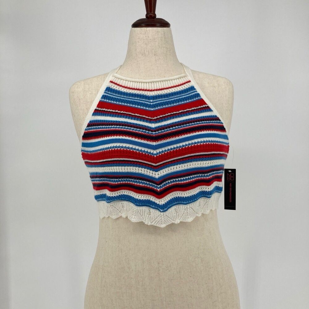 No Boundaries Striped Crochet Halter Crop Top Red White Blue Size Large NWT